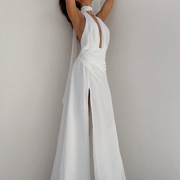 White Halter Backless V-Neck Womens Chiffon Cinched Waist A-Line Dress - Picture 4 of 7